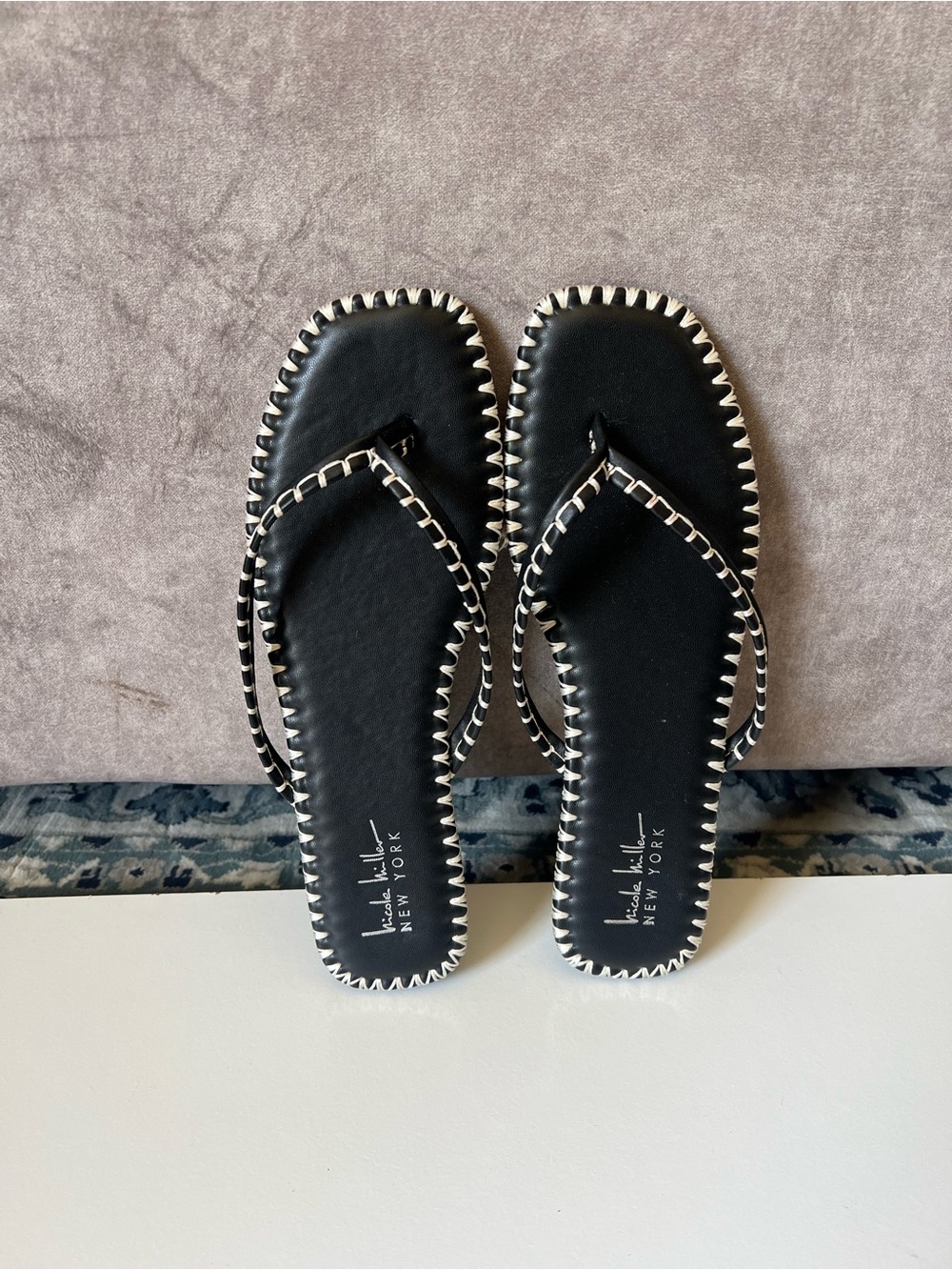 Black Stitched Leather Flip Flop Sandals by